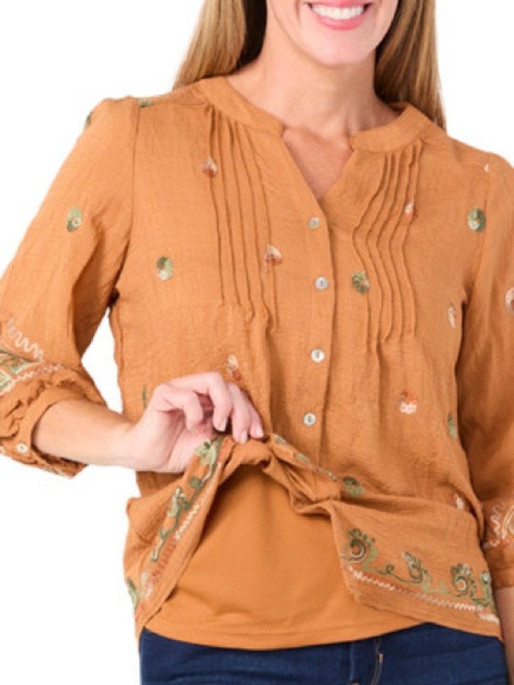 Embroidered Rust Button-Front Women's Blouse